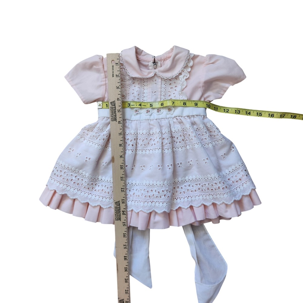 Vintage Pink Apron Eyelet Lace Dress Peter Pan Collar Floral Embroidery 2T - Picture 6 of 6